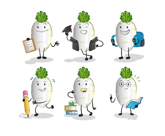 Vector de mascota de dibujos animados de carácter de conjunto de educación de rábano blanco