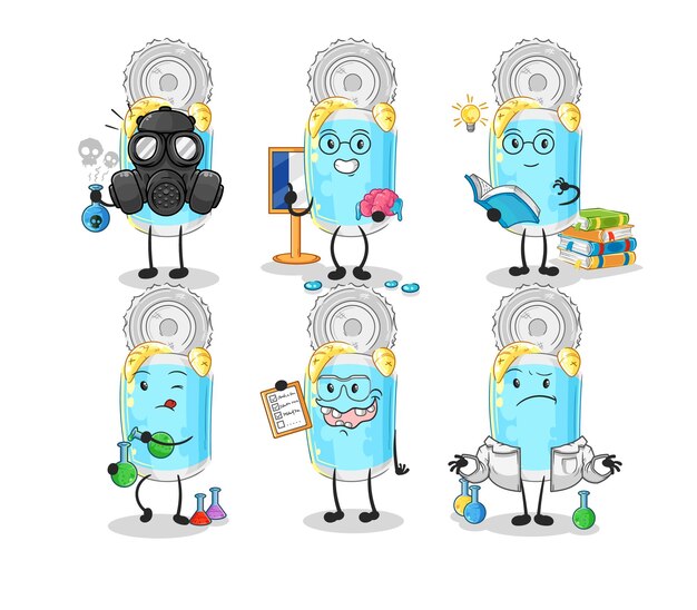 Vector de mascota de dibujos animados de carácter de grupo científico de pescado enlatado