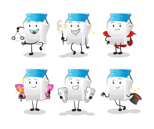 Vector de mascota de dibujos animados de carácter de grupo mágico de leche
