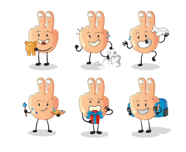 Vector de mascota de dibujos animados de carácter de grupo de niños de dedo de paz