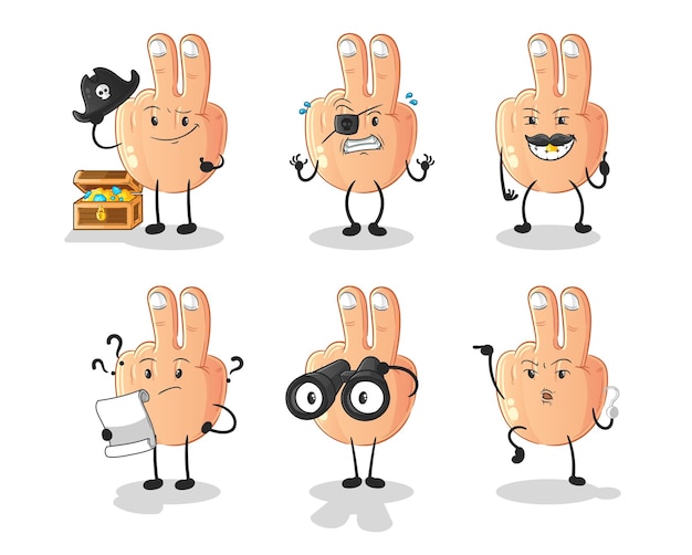 Vector de mascota de dibujos animados de carácter de grupo pirata de dedo de la paz
