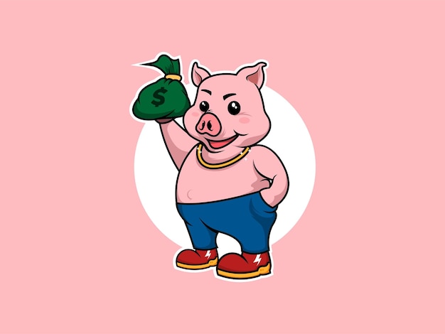 Vector mascota dibujos animados cerdo animal dinero bombo logo