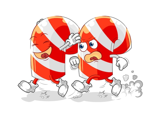 vector de mascota de dibujos animados de dibujos animados de bastón de caramelo jugar persecución