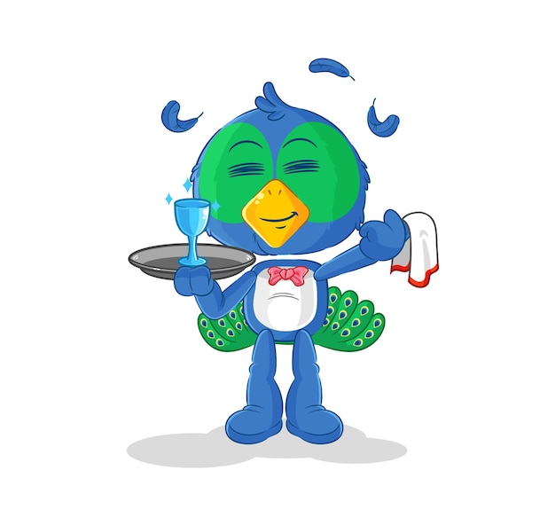 Vector de mascota de dibujos animados de dibujos animados de camarero de pavo real