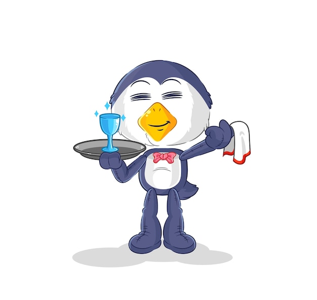 Vector de mascota de dibujos animados de dibujos animados de camarero de pingüino