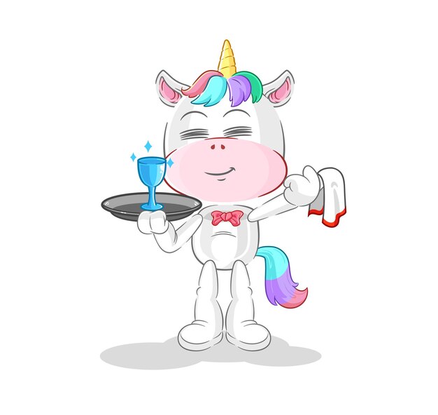 Vector de mascota de dibujos animados de dibujos animados de camarero de unicornio