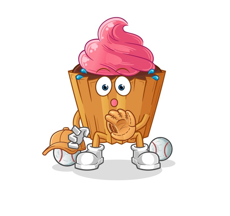 Vector vector de mascota de dibujos animados de dibujos animados de cupcake béisbol catcher