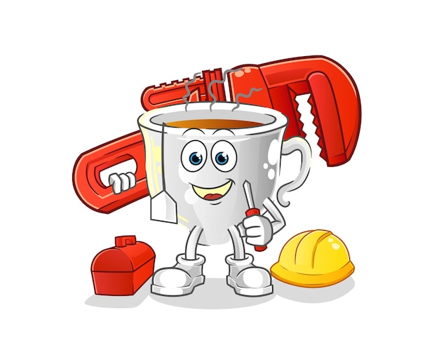 Vector de mascota de dibujos animados de dibujos animados de fontanero de taza de té