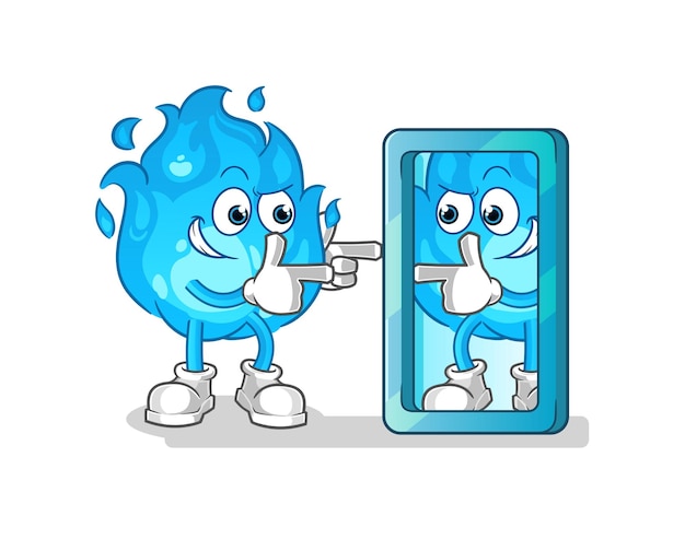 vector de mascota de dibujos animados de dibujos animados de fuego azul mirando en el espejo