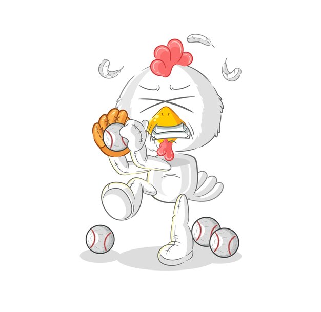 Vector de mascota de dibujos animados de dibujos animados de lanzador de béisbol de pollo