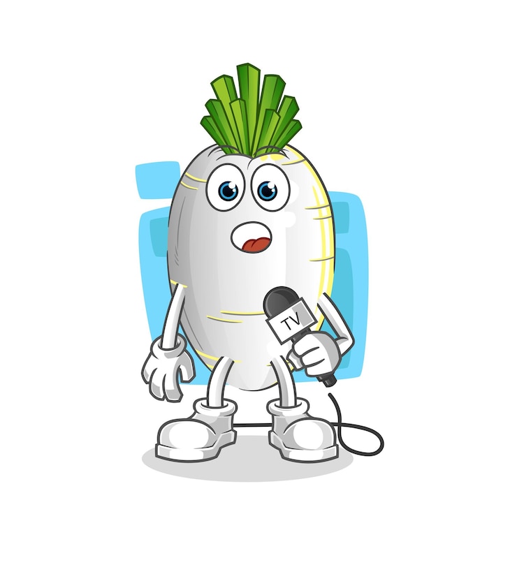 Vector vector de mascota de dibujos animados de dibujos animados de reportero de televisión de rábano blanco