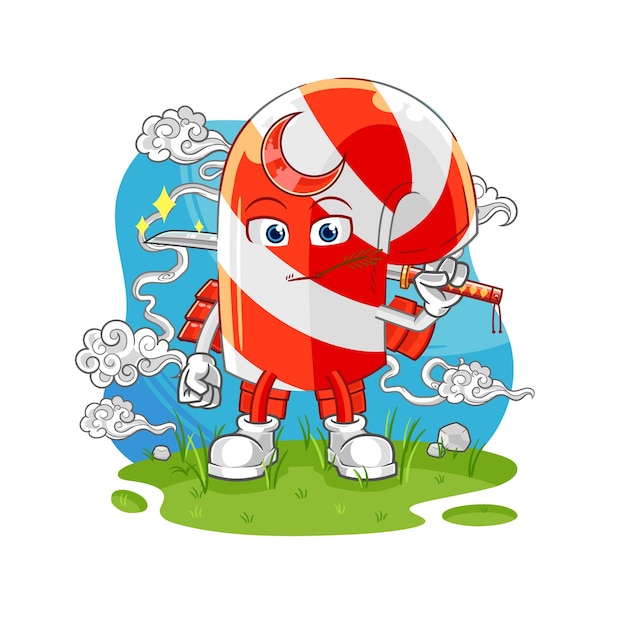 Vector de mascota de dibujos animados de dibujos animados de samurai de bastón de caramelo