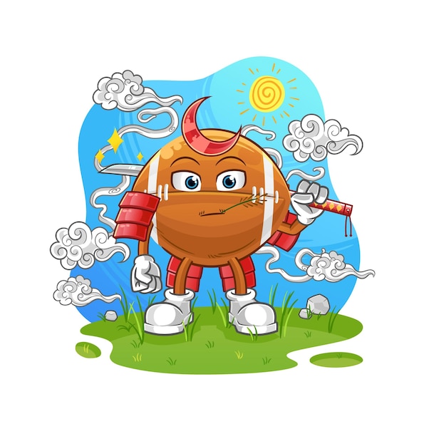 Vector de mascota de dibujos animados de dibujos animados de samurai de pelota de rugby