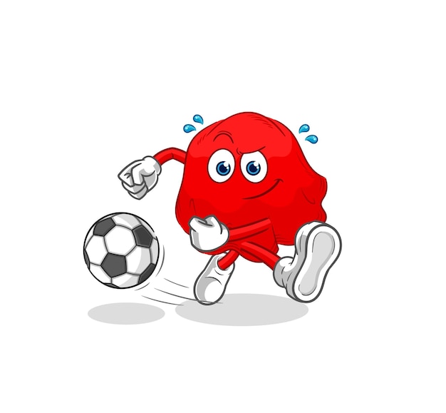 Vector de mascota de dibujos animados de dibujos animados de tela roja pateando la pelota