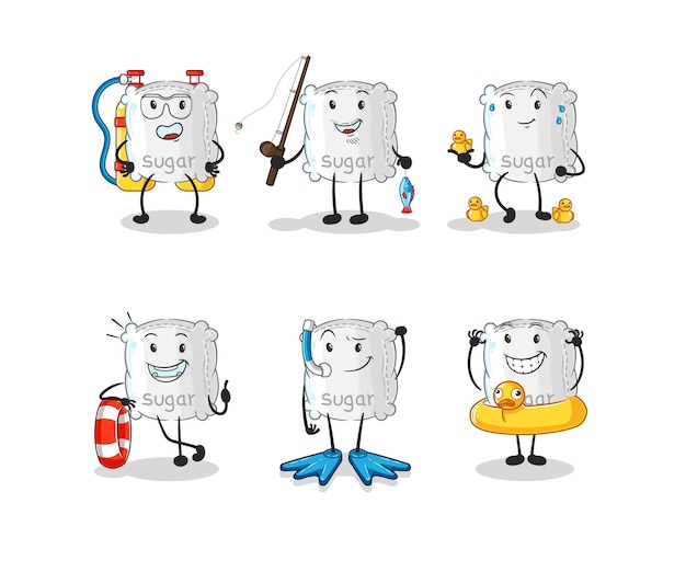 Vector de mascota de dibujos animados de grupo de actividad de agua de saco de azúcar