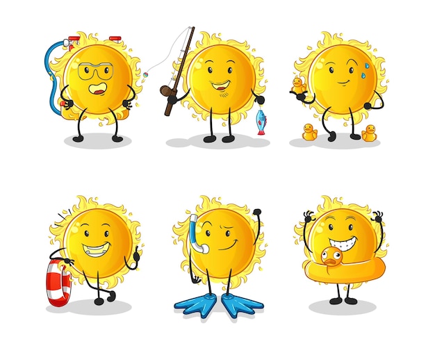 El vector de mascota de dibujos animados de grupo de actividad de agua de sol