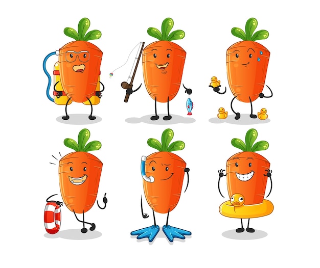 Vector de mascota de dibujos animados de grupo de actividad de agua de zanahoria
