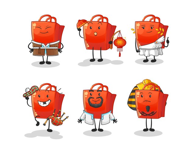 Vector de mascota de dibujos animados de grupo de cultura mundial de bolsa de compras