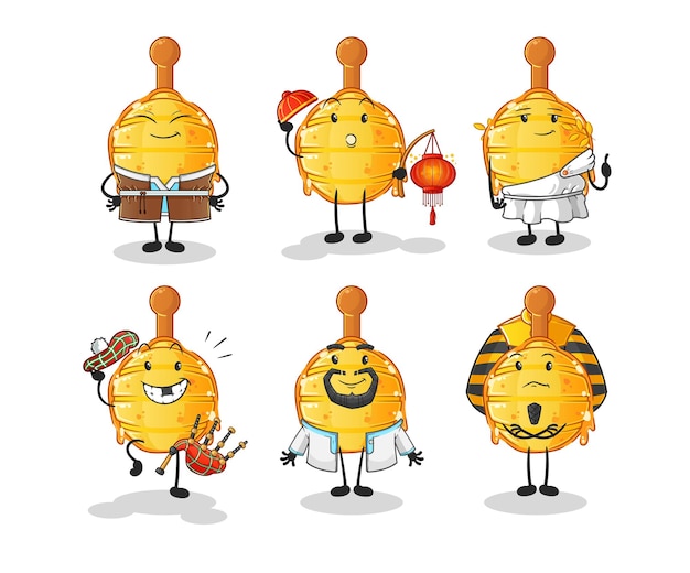 Vector de mascota de dibujos animados de grupo de cultura mundial cucharón de miel de madera