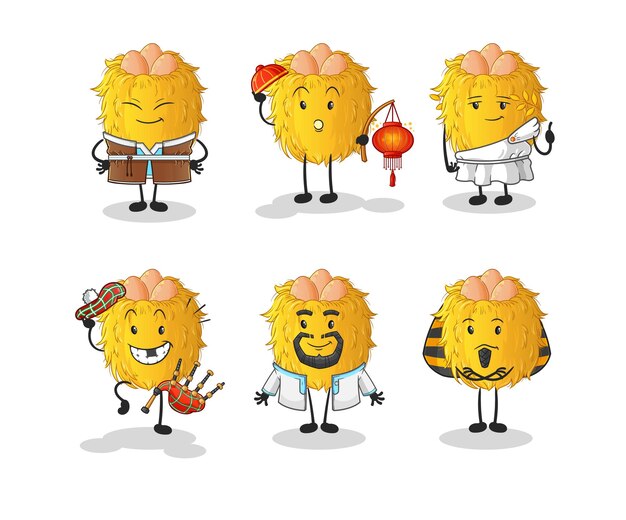 Vector de mascota de dibujos animados de grupo de cultura mundial de nido de pájaro