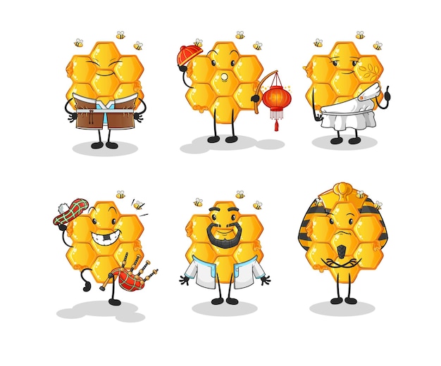 Vector de mascota de dibujos animados de grupo de cultura mundial de patrón de miel