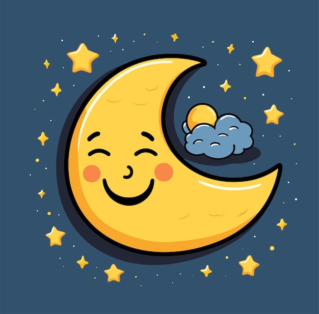 Vector de mascota de dibujos animados Ilustración de la luna sonriente durmiendo pacíficamente entre las estrellas