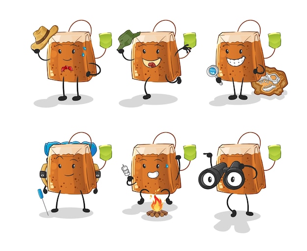 Vector de mascota de dibujos animados de personaje de grupo de aventura de bolsa de té