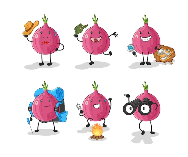Vector de mascota de dibujos animados de personaje de grupo de aventura de cebolla roja