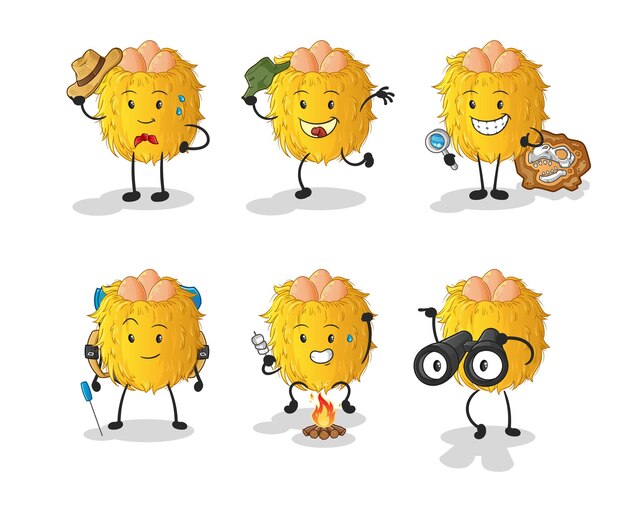Vector de mascota de dibujos animados de personaje de grupo de aventura de nido de pájaro
