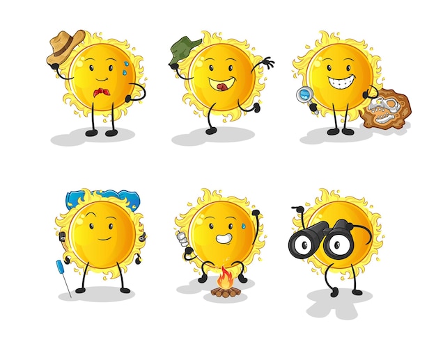 El vector de mascota de dibujos animados de personaje de grupo de aventuras de sol