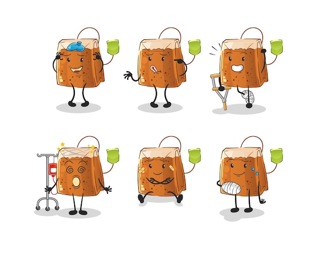 Vector de mascota de dibujos animados de personaje de grupo enfermo de bolsa de té