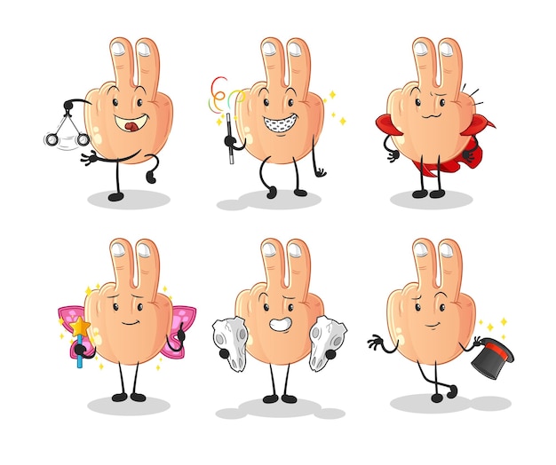 Vector de mascota de dibujos animados de personaje de grupo mágico de dedo de paz