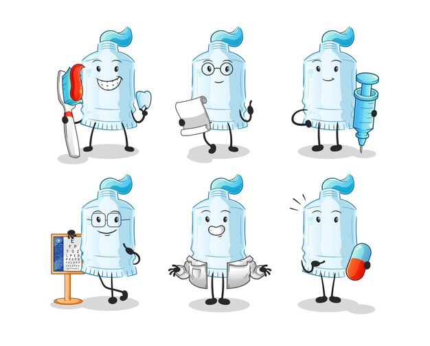 Vector de mascota de dibujos animados de personaje de grupo de médico de pasta de dientes