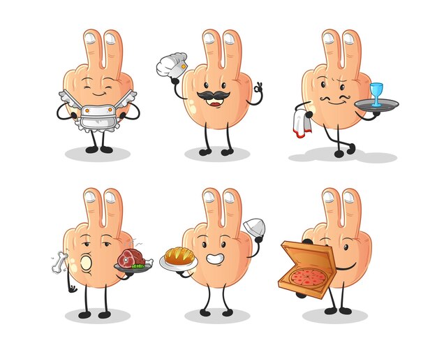 Vector de mascota de dibujos animados de personaje de grupo de restaurante de dedo de paz
