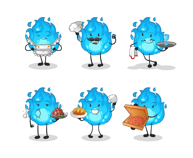 Vector de mascota de dibujos animados de personaje de grupo de restaurante de fuego azul
