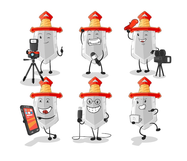 Vector de mascota de dibujos animados de personaje de grupo de tecnología de espada