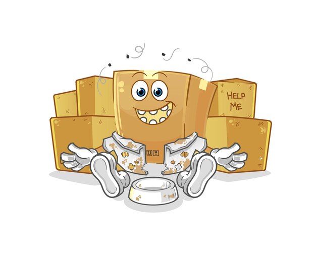 Vector de mascota de dibujos animados de personaje sin hogar de caja de cartón
