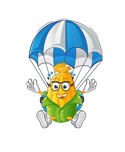 Vector de mascota de dibujos animados de personaje de paracaidismo de maíz