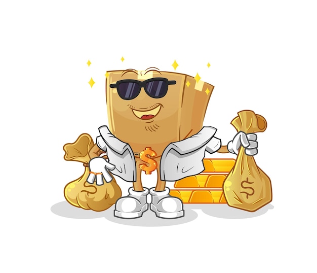 Vector de mascota de dibujos animados de personaje rico de caja de cartón