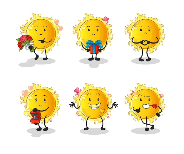 Vector de mascota de dibujos animados de personaje de sol amor set