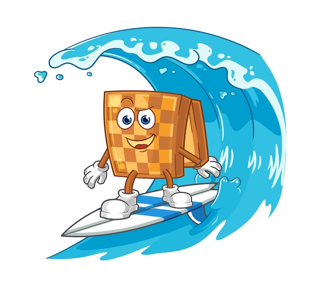 Vector de mascota de dibujos animados de personaje de surf de ajedrez de madera