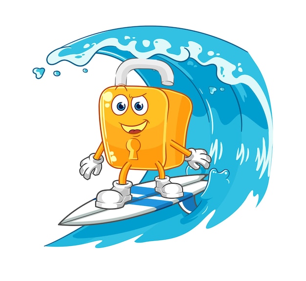 Vector de mascota de dibujos animados de personaje de surf de candado