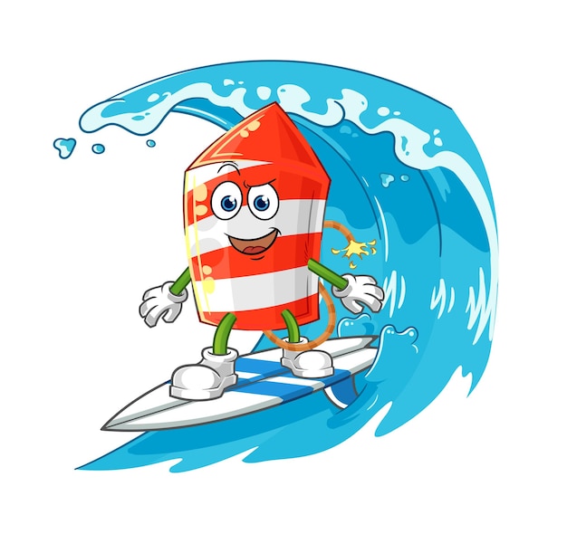 Vector de mascota de dibujos animados de personaje de surf de cohete de fuegos artificiales