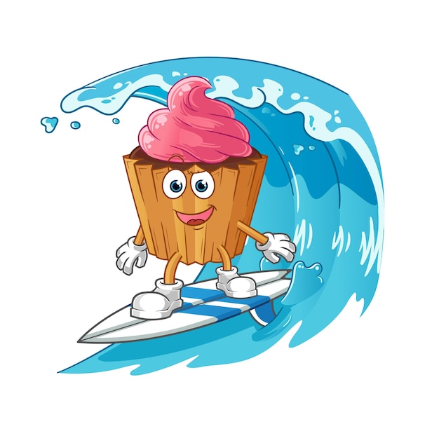 Vector vector de mascota de dibujos animados de personaje de surf de cupcake