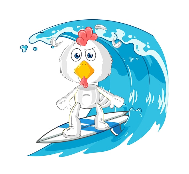 Vector de mascota de dibujos animados de personaje de surf de pollo