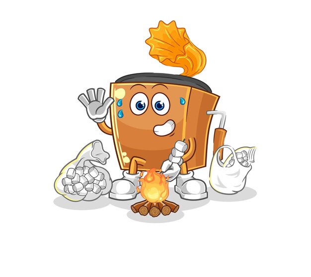 Vector de mascota de dibujos animados de tocadiscos asando malvaviscos