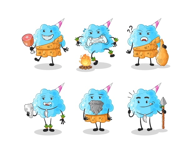 Vector de mascota de personaje de grupo de hombre primitivo de algodón de azúcar