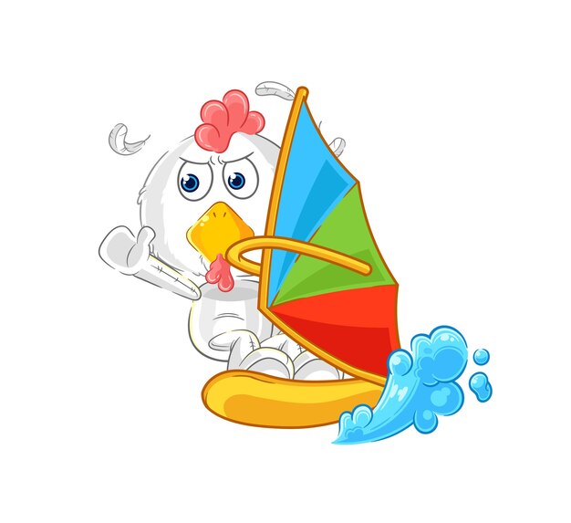 Vector de mascota de personaje de windsurf de pollo