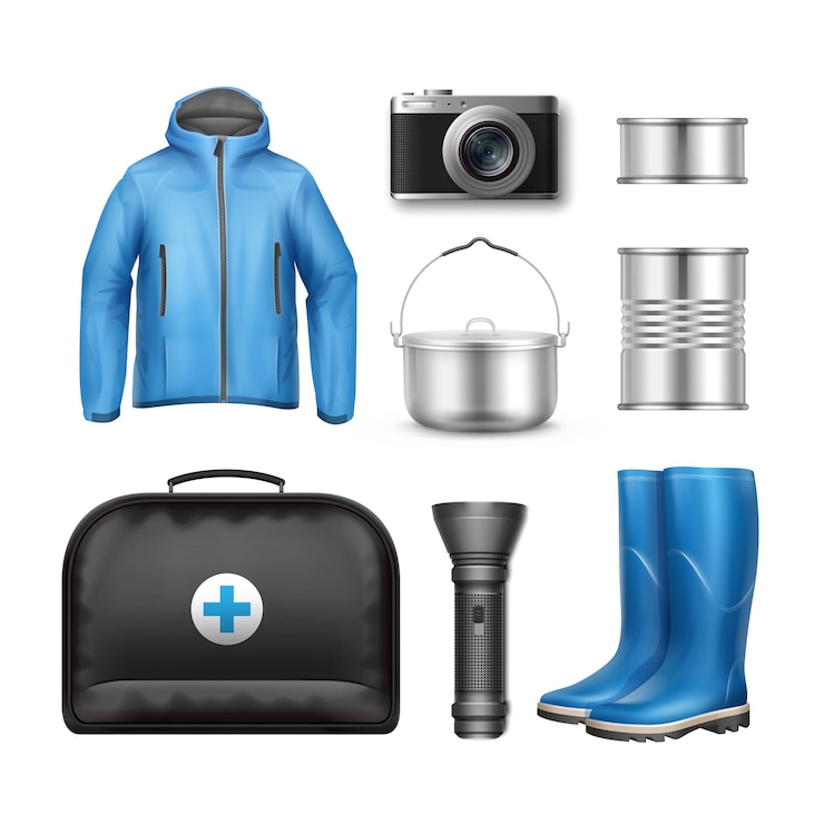 Vector vector de material de camping chaqueta unisex azul, bote de camping, productos enlatados, linterna de bolsillo, botas de goma, cámara de fotos y caja de botiquín de primeros auxilios