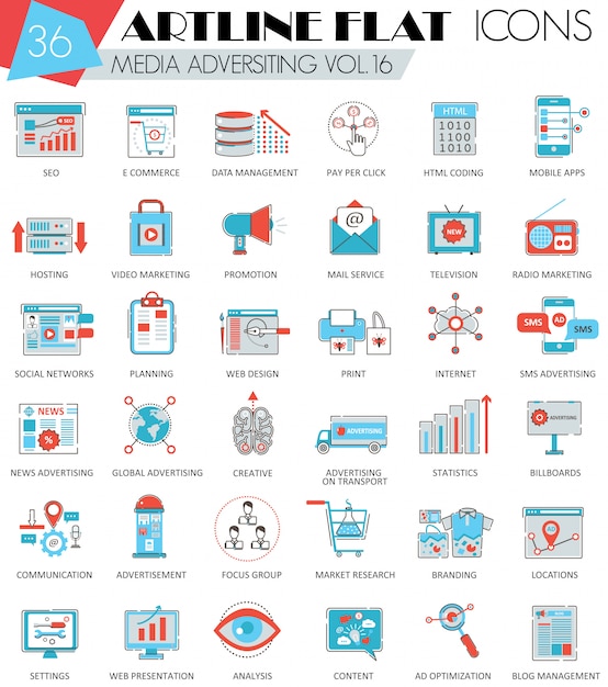 Vector Media publicidad iconos de línea plana artline ultra moderno esquema para web y aplicaciones.